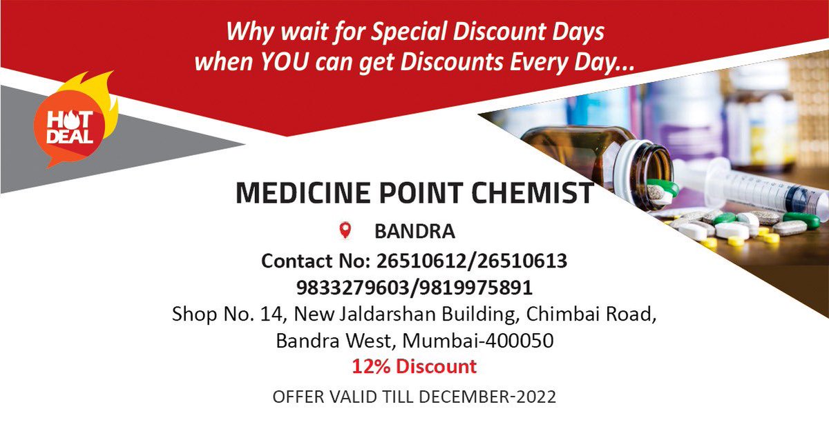 ucaindia's tweet photo. It's good to stock up the day to day pharmacy needs in this unpredictable pandemic times.

Visit Medicine Point Chemist in Bandra and get 12% percent discount on all your medicines.

Hurry! Limited time offer.

#HealthyIndia #Medicines #Pharmacy #Easydiscounts https://t.co/tc744hHptw