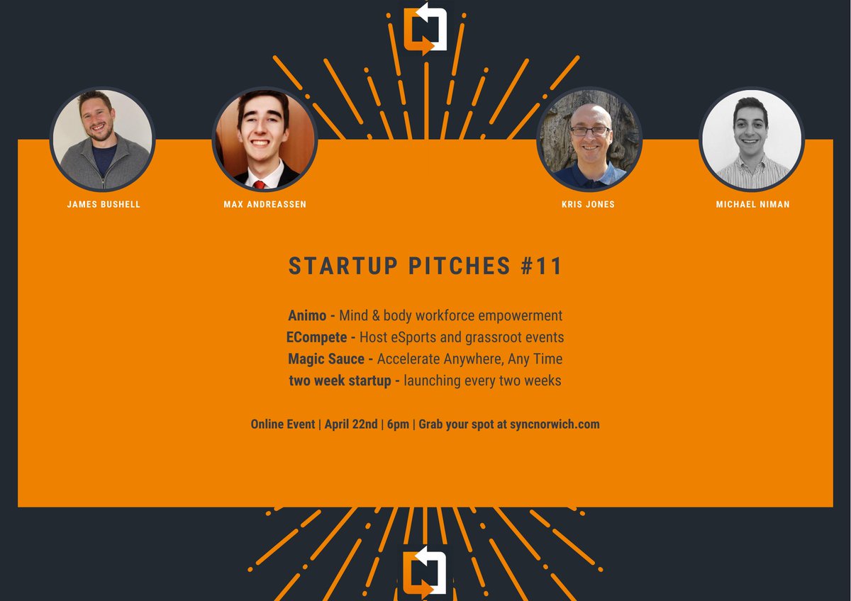 SyncNorwich (@syncnorwich) on Twitter photo THIS THURSDAY - New Startups Pitched
🧘♂️<a href="/AnimoGlobal/">Animo.Global</a> - workforce empowerment
🏅<a href="/e_compete/">ECompete</a> - eSports and grassroot events
📈 <a href="/MagicsauceO/">MagicSauce.online</a> - Accelerate Anywhere, Any Time
🚀 two week startup - launching every two weeks
Join us & 30 other people at 6pm
meetup.com/syncnorwich/ev… THIS THURSDAY - New Startups Pitched
🧘♂️<a href="/AnimoGlobal/">Animo.Global</a> - workforce empowerment
🏅<a href="/e_compete/">ECompete</a> - eSports and grassroot events
📈 <a href="/MagicsauceO/">MagicSauce.online</a> - Accelerate Anywhere, Any Time
🚀 two week startup - launching every two weeks
Join us & 30 other people at 6pm
meetup.com/syncnorwich/ev…