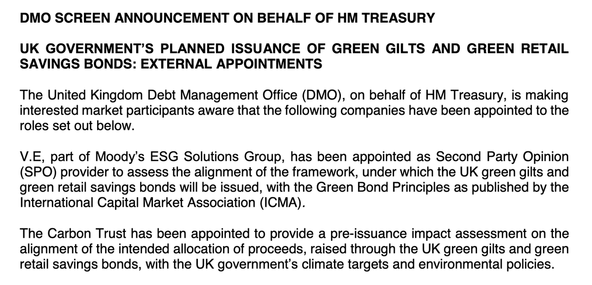 GreenBondsUK's tweet photo. Very positive to see @hmtreasury appoint @thecarbontrust to assess 'alignment of intended allocation of #GreenGilts &amp; @nsandi retail #greenbonds with UK government's climate targets &amp; environmental policies' &amp; @VigeoEiris as framework opinion provider 👏

https://t.co/yvZMMDJGin https://t.co/buxYAOMvH3