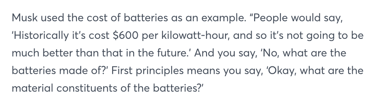 Here Musk's talking about the cost of batteries and how he got it down and why other's couldn't. Why? They were modelling batteries 'from the outside' as it were.