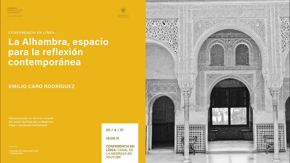 Hoy, a las  19:00h, Emilio Caro Rodríguez (#UGR) imparte la conferencia "La Alhambra, espacio para la reflexión contemporánea". 
Acceso: ow.ly/cnMr50EsM3W. <a href="/CanalUGR/">Universidad Granada</a> <a href="/Patrimonio_UGR/">Patrimonio UGR</a> <a href="/BellasArtesUGR/">Bellas Artes UGR</a> <a href="/FiloLab_UGR/">FiloLab | UGR</a> <a href="/filosofiaUGR/">Grado Filosofía UGR</a> <a href="/FyL_UGR/">Filosofía y Letras</a> <a href="/HistoriaUGR/">Historia UGR</a>