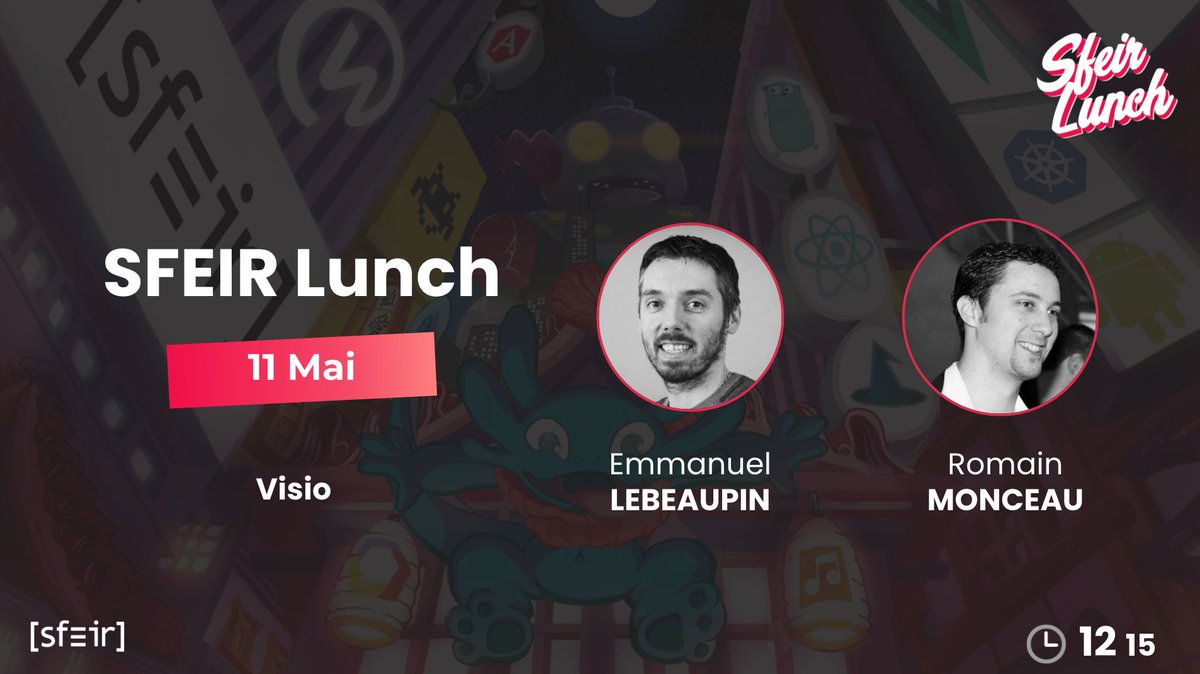 ALERTE SFEIR LUNCH 🍽
RDV le 11 Mai à 12h15 🎥 pour 2 Talks de 20min
👉"WebAssembly in JS" par <a href="/elebeaup/">Emmanuel LEBΞAUPIN</a> 
👉"Devenir un Lead Dev - Echecs et succès" avec <a href="/RomainMonceau/">Romain Monceau</a> d'<a href="/akeneopim/">Akeneo: The Product Experience Company</a> !
Infos ici 👇
meetup.com/fr-FR/Sfeir-Na…
#SFEIR #JS #WebAssembly #LeadDev