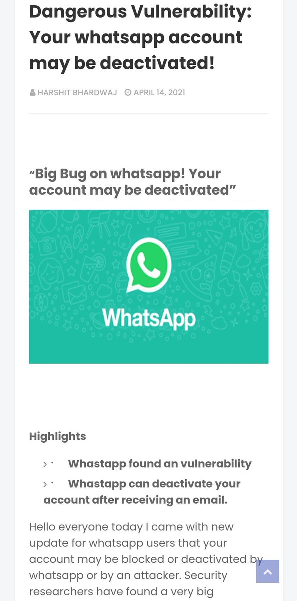 Dangerous vulnerability: your WhatsApp account may deactivate 

Complete details present on my article so read it through
technewsdesign.blogspot.com/2021/04/your-w…

#latesttechnews #LatestNews #news #LatestUpdate #whatsappvulnerability #bugs #technewsdesign