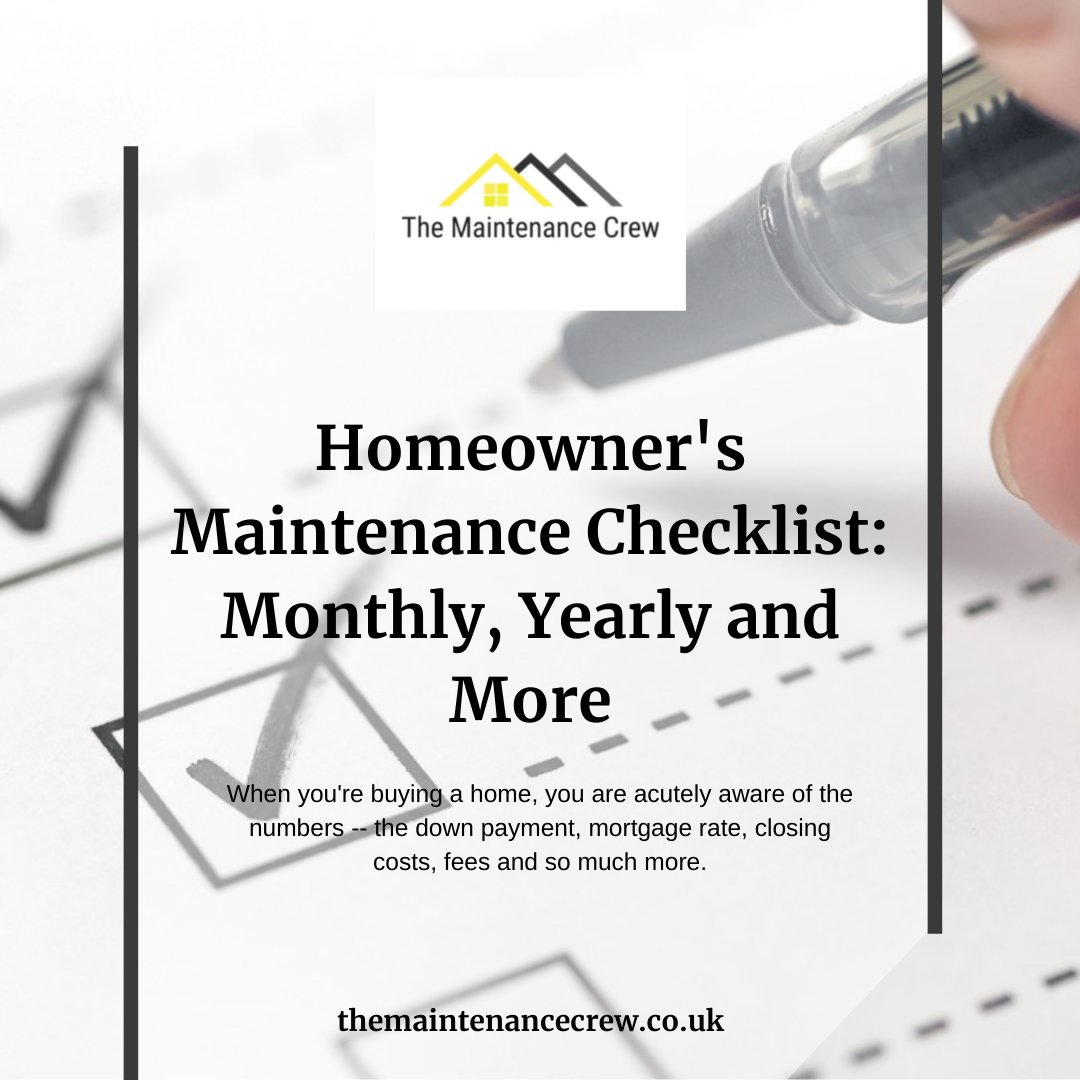 CrewMaintenance's tweet photo. Homeowner's Maintenance Checklist: Monthly, Yearly and More 
When you're buying a home, you are acutely aware of the numbers -- the down payment, mortgage rate, closing costs, fees and so much more.
 
Read more here - https://t.co/dYoFtrv1si
 
#themaintenancrew #homeimprovement https://t.co/ycQmw9VgaC