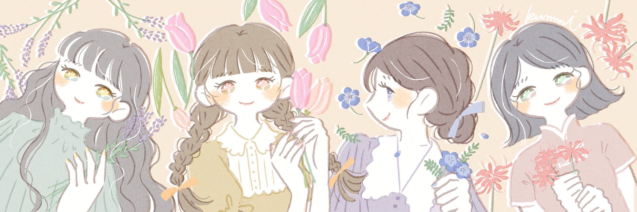 くまみ わたしの好きなお花たち インスタグラムで3枚並べて繋がる絵を描いてみたくて横長のイラストに ラベンダー チューリップ ネモフィラ 曼珠沙華が好きです 女の子イラスト Illustration イラスト T Co 1xtoajflom Twitter