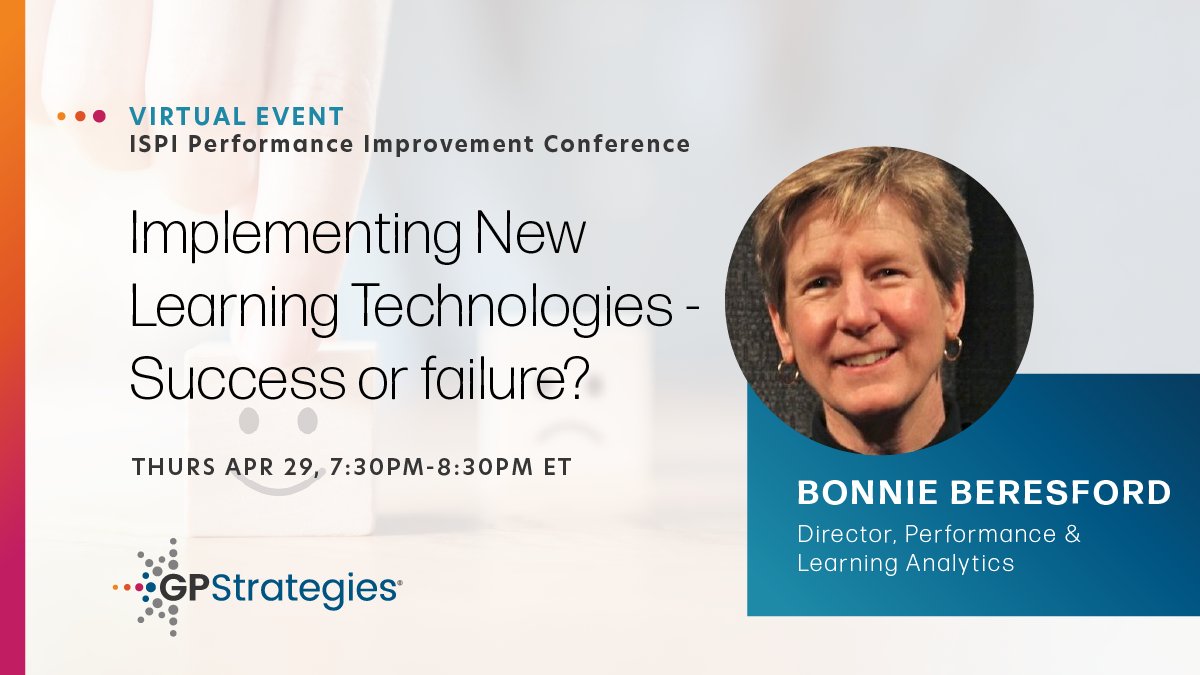 gpcorp's tweet image. Are you attending ISPI&apos;s 2021 virtual conference? Bonnie will be speaking later this week about how to determine success or failure when implementing new learning technologies. #L&amp;amp;D #learningmeasurement
bit.ly/3nmD1zq