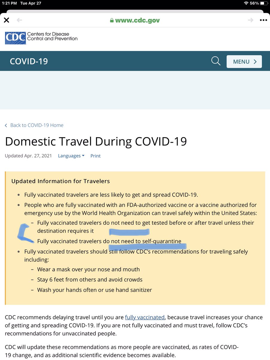 Alguien le puede decir al Gobe y al Dr.Mellado que la CDC ha vuelto a reiterar hoy la normativa, de que no se puede requerir pruebas ni cuarentena de tipo alguno a los viajeros completamente vacunados‼️Coño, no dicen que respeten la ciencia y el criterio médico❓Y que es el CDC❓