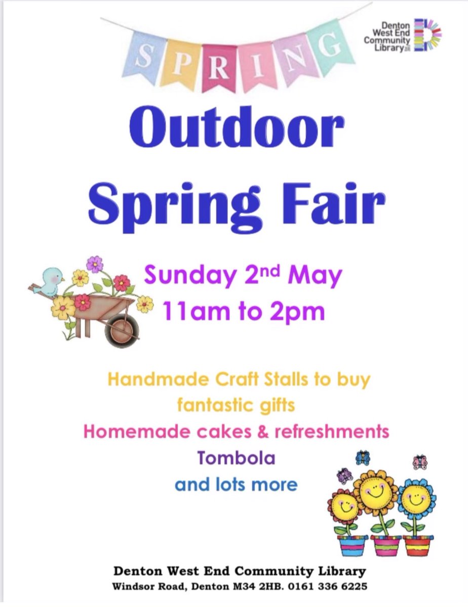 ChrisMoorhouse7's tweet photo. Get yourself down to @DWECL Outdoor Spring Fair!  
-
Sunday 2nd May 11:00am to 2:00pm 🌻🌼 
-
#Denton #Tameside #Community #CommunitySpirit #OutdoorSpringFair 
#FunForTheKids #SpringInToAction #FamilyFun https://t.co/g6DZnniE9j
