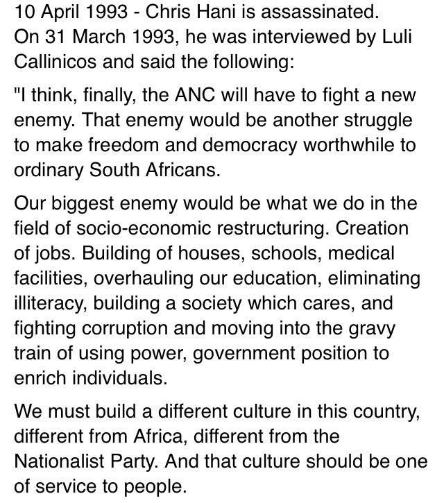 6/. “The perks of govt are not appealing to me. What is important is what we do for social upliftment of the working masses of our country.” #SouthAfrica would look very different had Chris Hani - Mandela's natural successor - not been assassinatedThis was his last interview