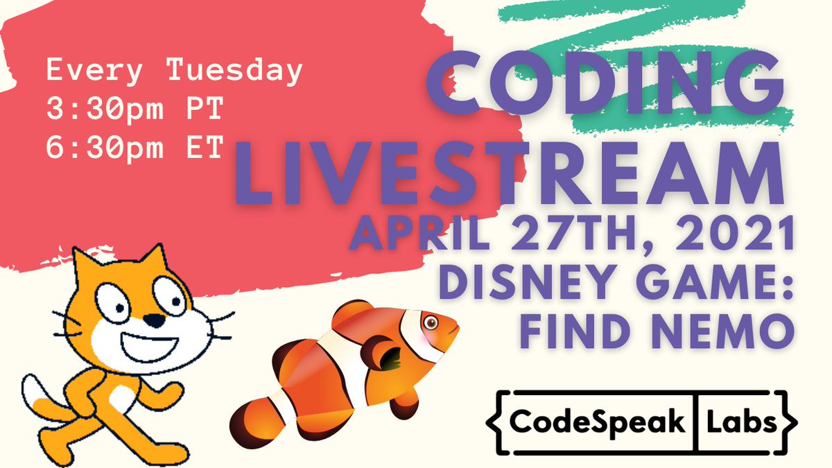 codespeaklabs's tweet image. Join today&apos;s live stream for Disney themed Scratch game! We&apos;ll learn how to program variables and sprites with multiple different costumes to code a quick reflex game, about Finding Nemo. Check out our YouTube page: youtube.com/codespeaklabs