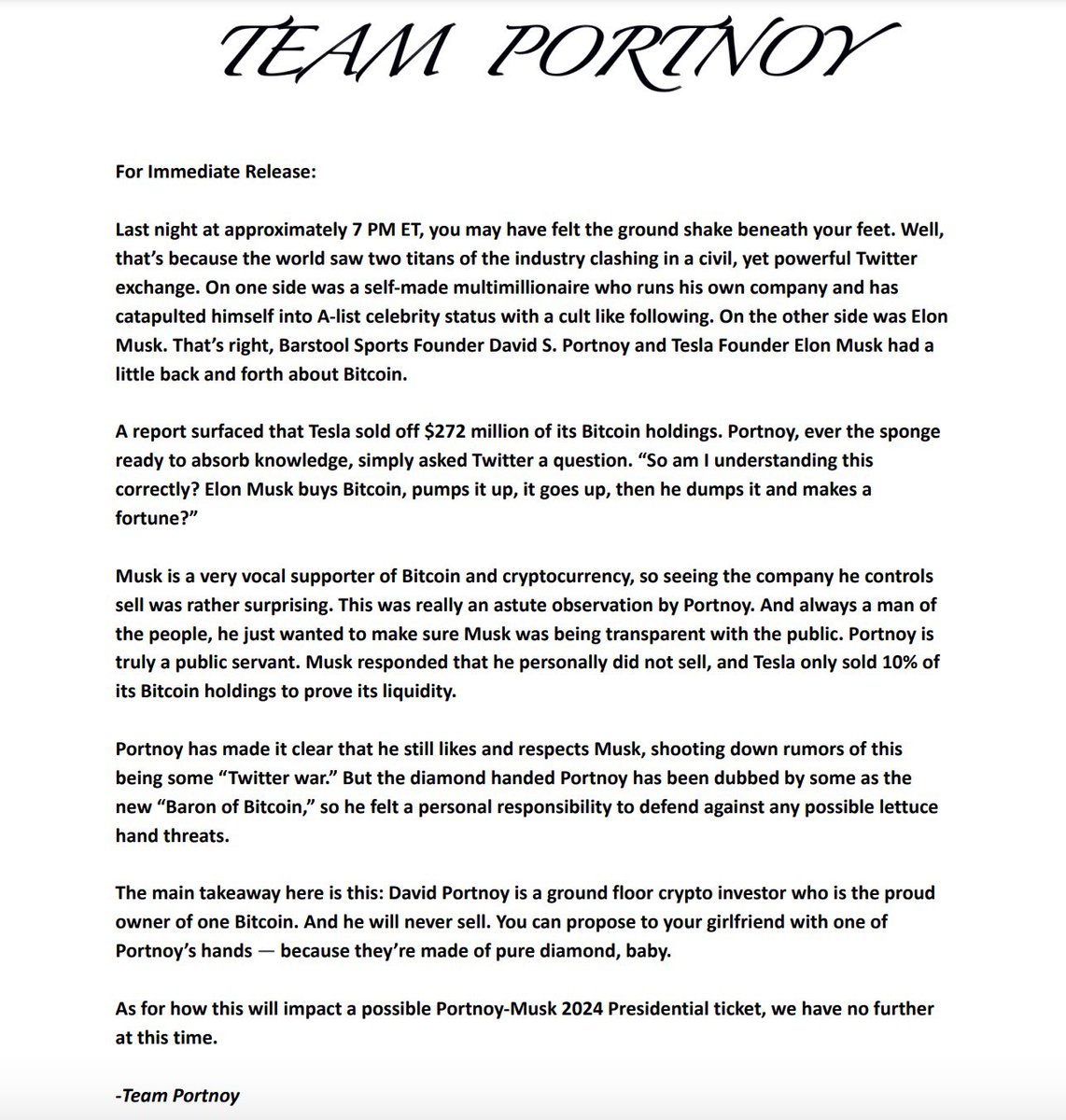 For immediate release <a href="/elonmusk/">Elon Musk</a>