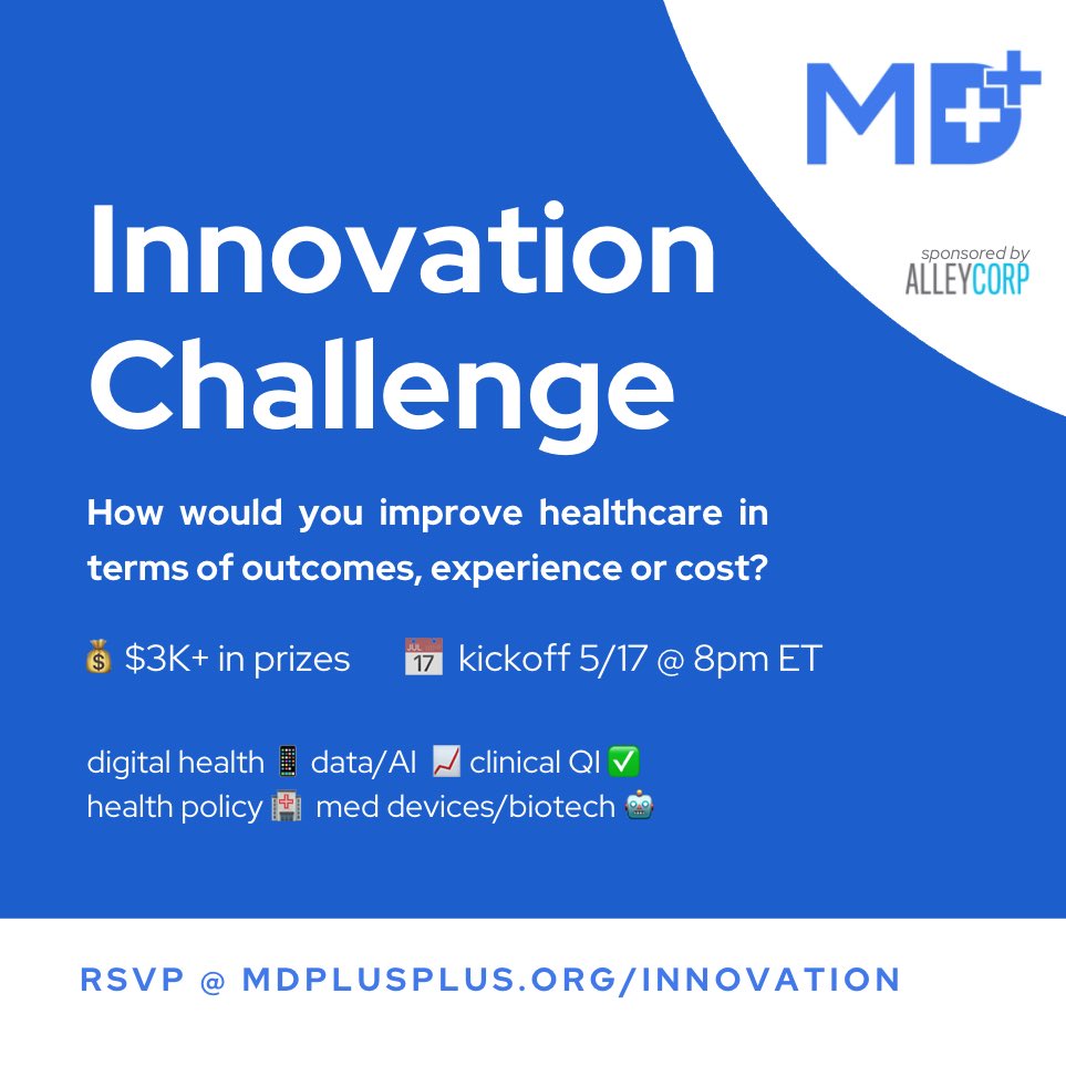 📢 Calling all medical students: we’re announcing our inaugural Innovation Challenge! Over $3K in prizes 💰, educational workshops 📝, and an opportunity to connect with future colleagues and co-founders 💃🕺. RSVP to the kickoff at mdplusplus.org/innovation.