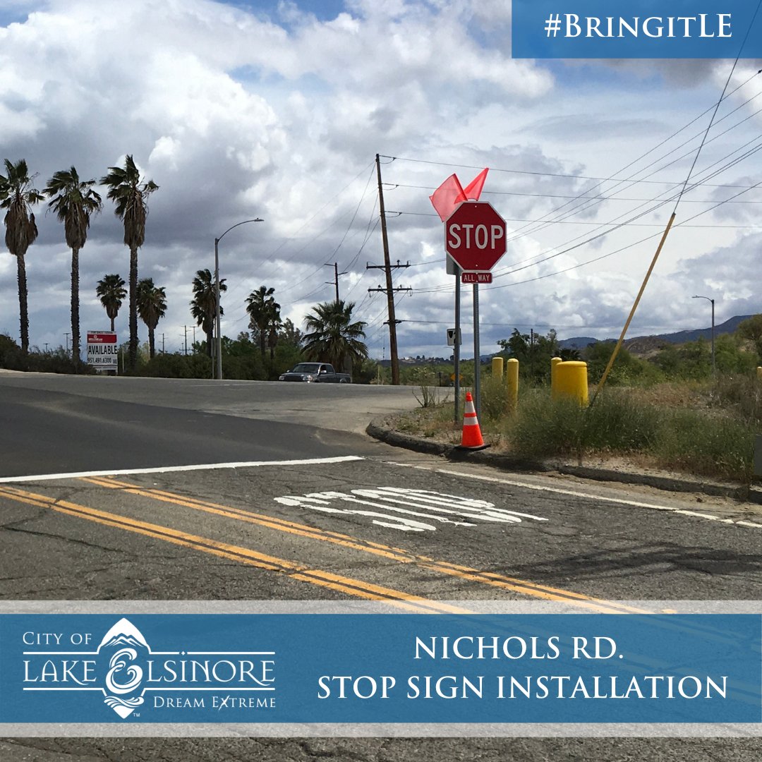 CtyLakeElsinore's tweet photo. The City has completed the installation of new stop signs at Nichols Rd. and Collier Ave. This new three-way stop was often requested by our community to improve the safety of this intersection. Looking ahead, a traffic signal will be placed at this intersection.
#BringItLE https://t.co/l6gCdFE1Pd