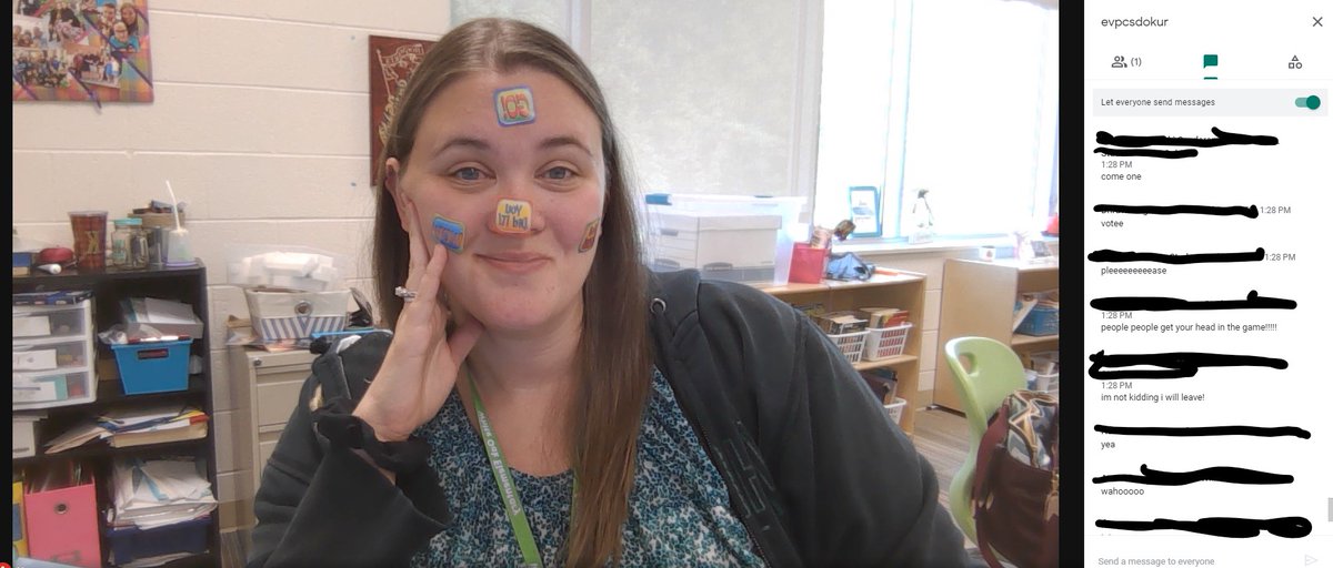 The things I do for these children...😆 If <4 students missed a question, they got a sticker on my face.. <1 missed the question, I put on 2 stickers. 🤣As evidenced in the chat.. they mean business. #MakeMathFun #StickerFace #ILoveIt