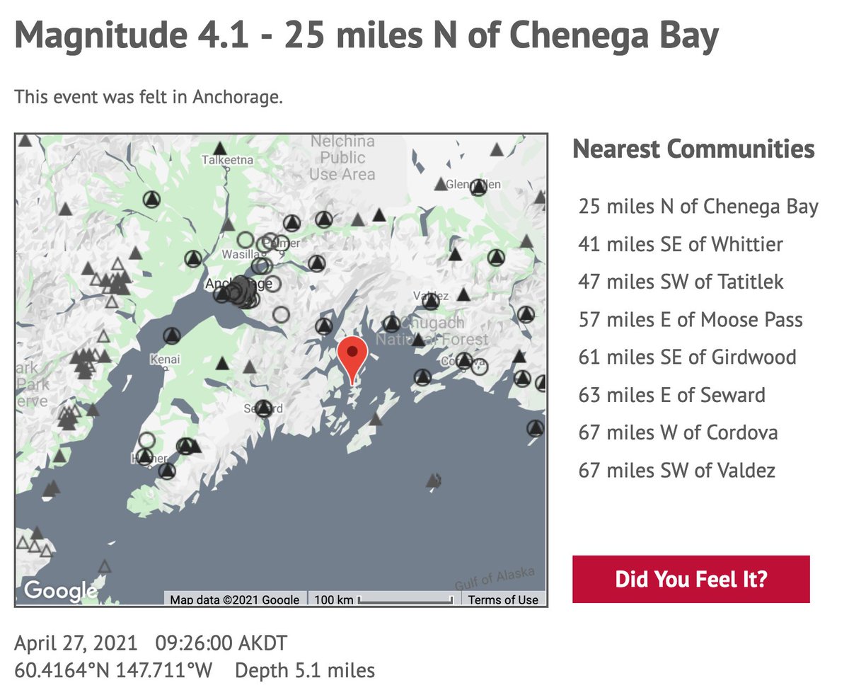 AKearthquake's tweet photo. We've reviewed a shallow M4.1 earthquake 25 miles N of Chenega Bay and 41 miles SE of Whittier at 9:26 am. Thus far, it has been reported felt in Seward and Anchorage. Our event page is available at https://t.co/z3oFiGjmoC. https://t.co/JeuBBI8asc