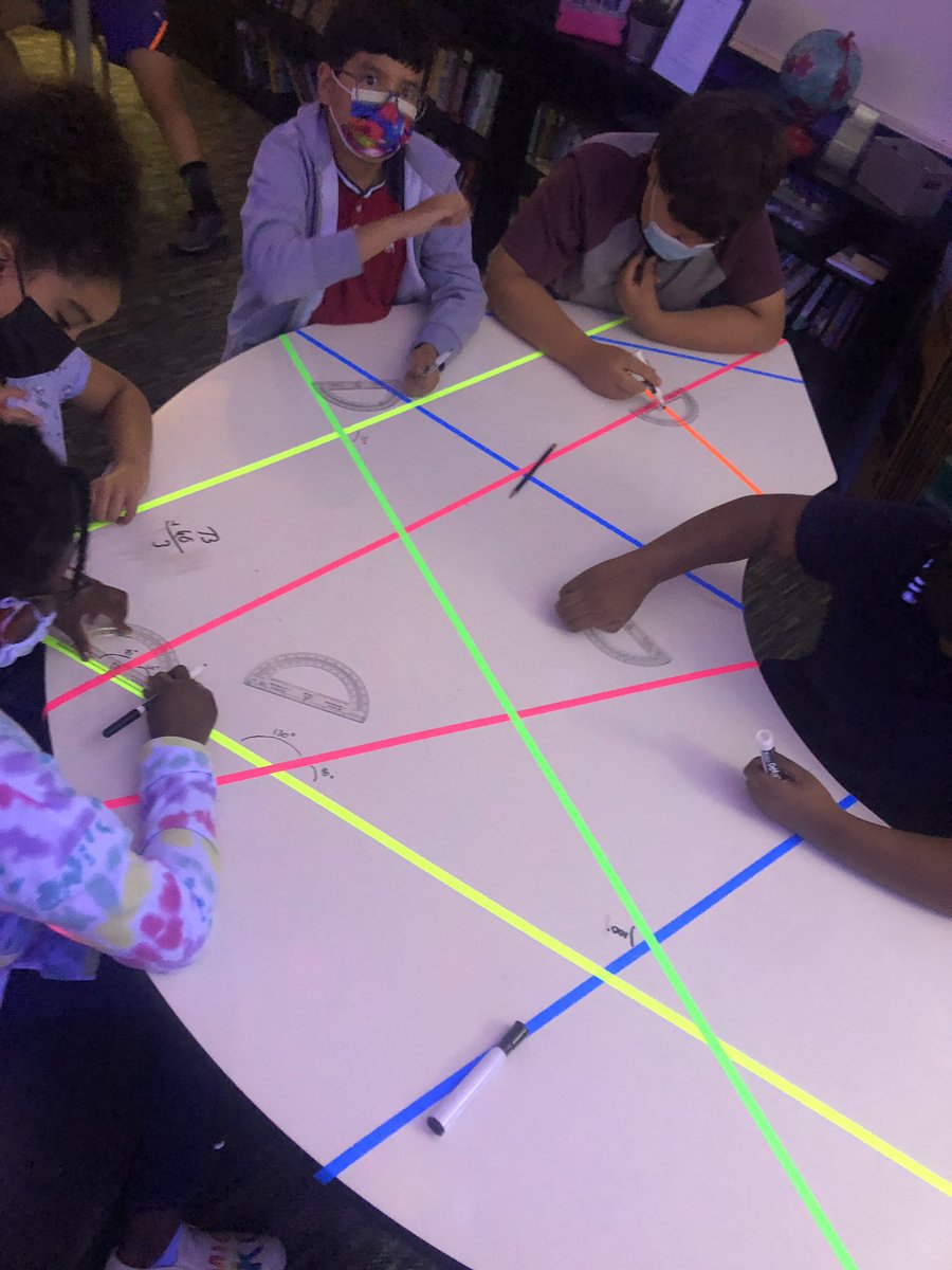 Take a boring review topic, add music, disco ball, black lights and neon tape!   Reviewing measuring angles was a hit!   #wearegroves <a href="/HumbleISD_GE/">Groves Elementary</a>