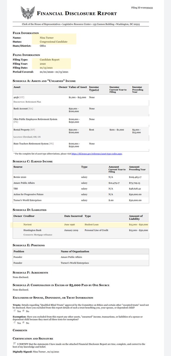 Nina Turner is still claiming to have $15K - $50k of student loans in 2021, while pushing for student loan debt to be erased.This is her Financial Disclosure Report as a 2022 Congressional Candidate.