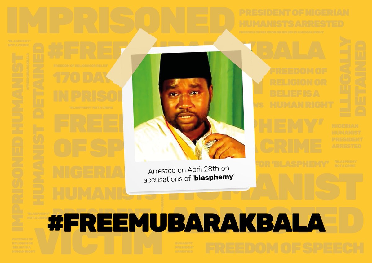 Today marks 1 year since our Nigerian colleague, Mubarak Bala, was arrested on accusations of 'blasphemy'. He is currently imprisoned in Nigeria. Join us, <a href="/HumanistsInt/">Humanists International</a>, &amp; humanists from across the globe in calling for his immediate release. RT <a href="/EndBlasphemyLaw/">End Blasphemy Laws</a> #FreeMubarakBala