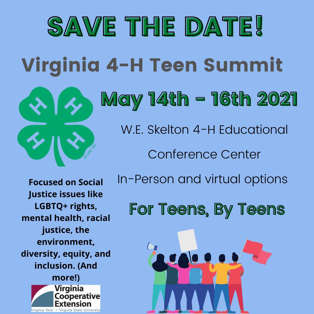 Virginia4_H's tweet photo. Registration closes Friday 4/30 for the Virginia 4-H Teen Summit! 🍀

This event is $25, open to #Virginia4Hers in 9th -12th grades, and will be held at @Skelton4HCamp.
A free virtual option is available as well. 

Register here! 👇
https://t.co/IPgvAJ3GNL https://t.co/X49eL3oPtQ