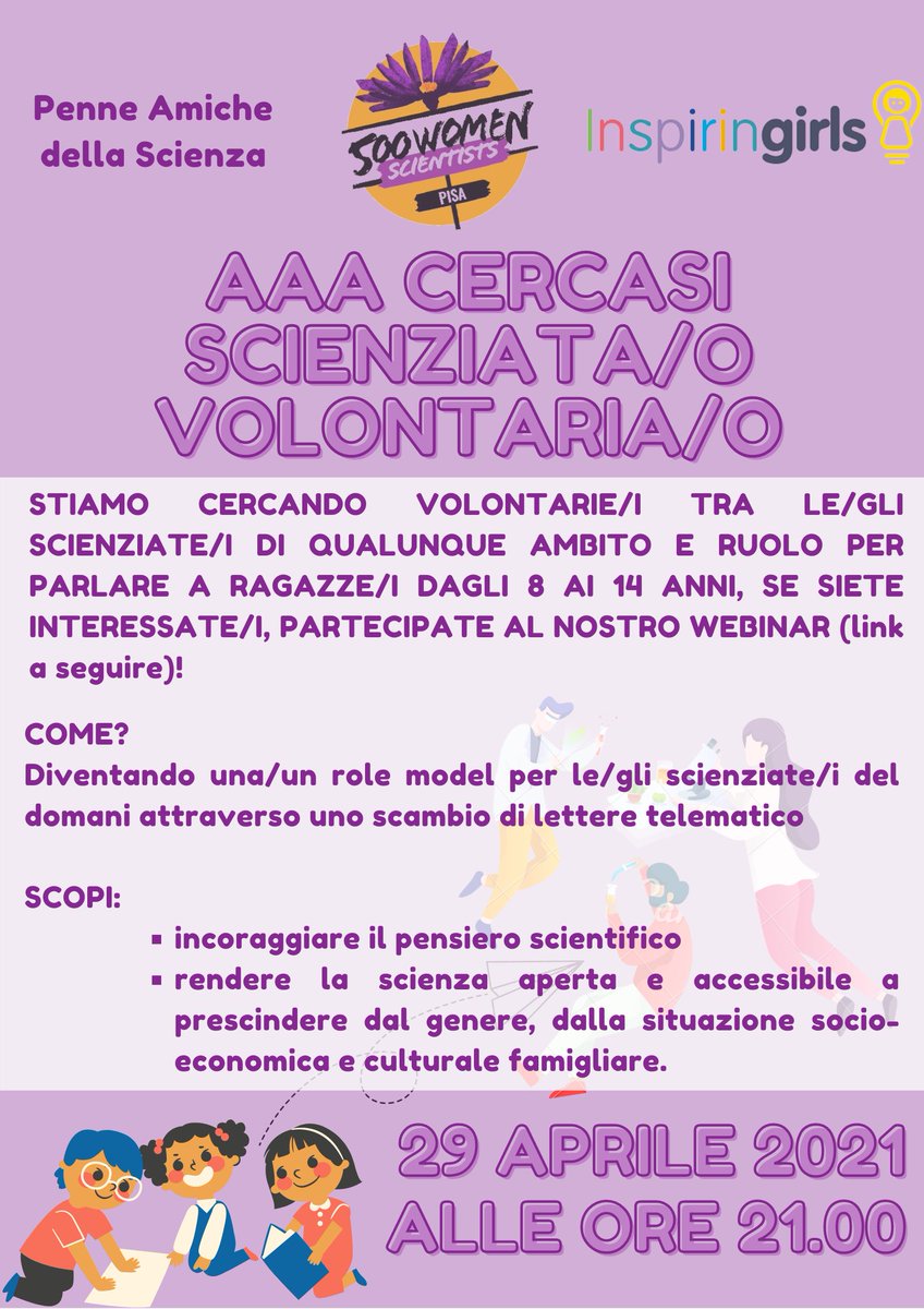 500wsPisa's tweet photo. Scientists Still Wanted! Don’t forget our webinar THIS THURSDAY (29 May) at 9 pm CEST with Penne Amiche della Scienza and InspirinGirls. Come and learn how you can help close the gender gap! https://t.co/wiqbM27994 (PC: 340408) https://t.co/MjfPgbavrF