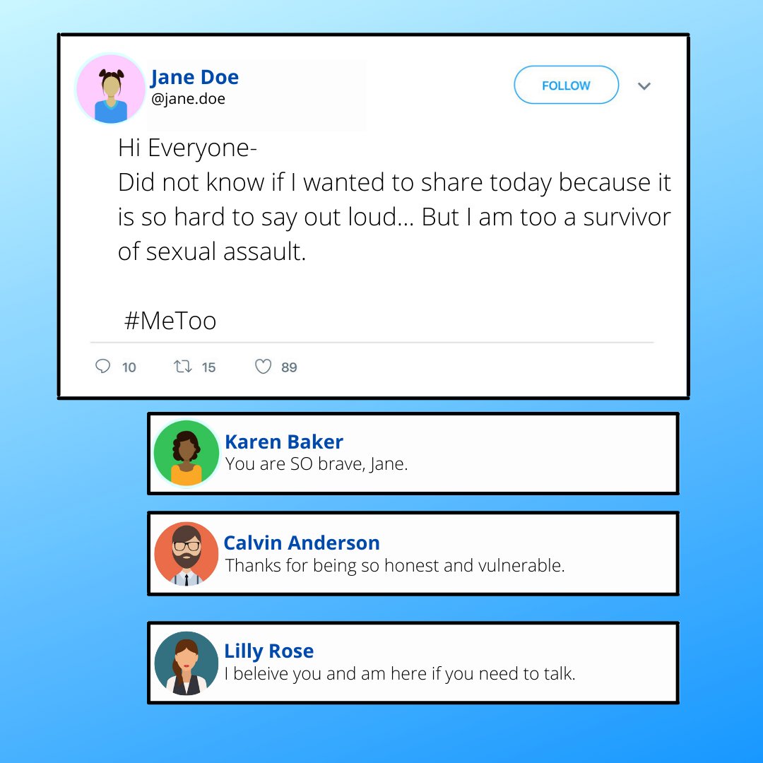 WCADVSA's tweet image. One of the best ways we can create safe, online spaces for survivors is to show unwavering support when they share their stories. Simple comments that you believe them or private messages to show emotional support can make such a difference to individuals. 

#30DaysofSAAM
