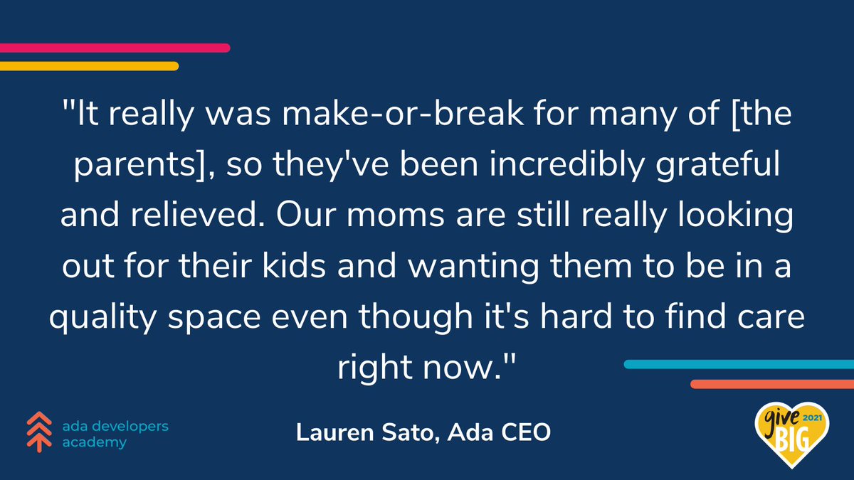 adaacademy's tweet photo. When we partnered with local, Seattle-based @JoinWeekdays for childcare opportunities at the start of COVID-19, we knew it would be the difference between graduation and leaving our program for many of our Adies.
 
Help us continue through #GiveBIG:
https://t.co/HxasYWegdE https://t.co/c583hfBxSZ