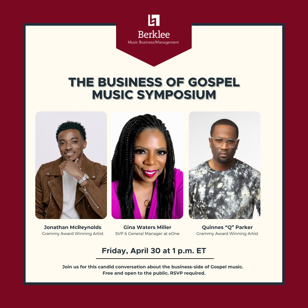 This Friday, Grammy-winning artists <a href="/jonmcreynolds/">Jonathan McReynolds</a>, <a href="/therealQparker/">Q Parker</a>, &amp; @theeGinaMiller, SVP &amp; GM at Entertainment One, will share their insights on navigating the business side of the gospel music industry. Our Chair #TonyaButler will moderate &amp; there will be a Q&amp;A. RSVP in bio!