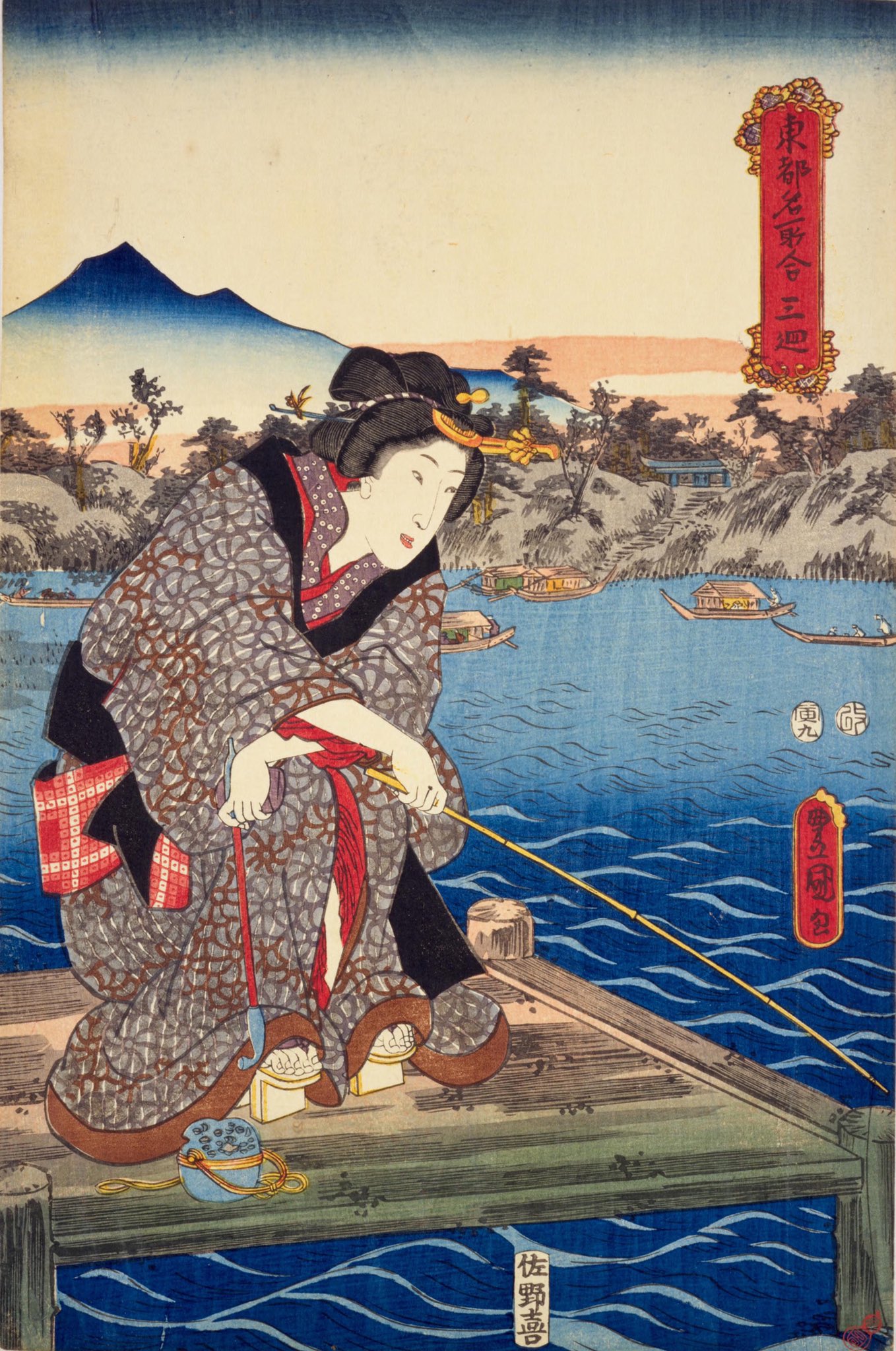 井嶋ナギ ついでにだけど この歌麿の三囲稲荷の浮世絵見ていたら この女性のキモノのコーディネートがすごい 縞 縞 縞 格子は縞のうちなので の縞尽くし ちょいと粋過ぎやしないかねぇ かえって野暮だよ とか言われたりしなかったかな なんて