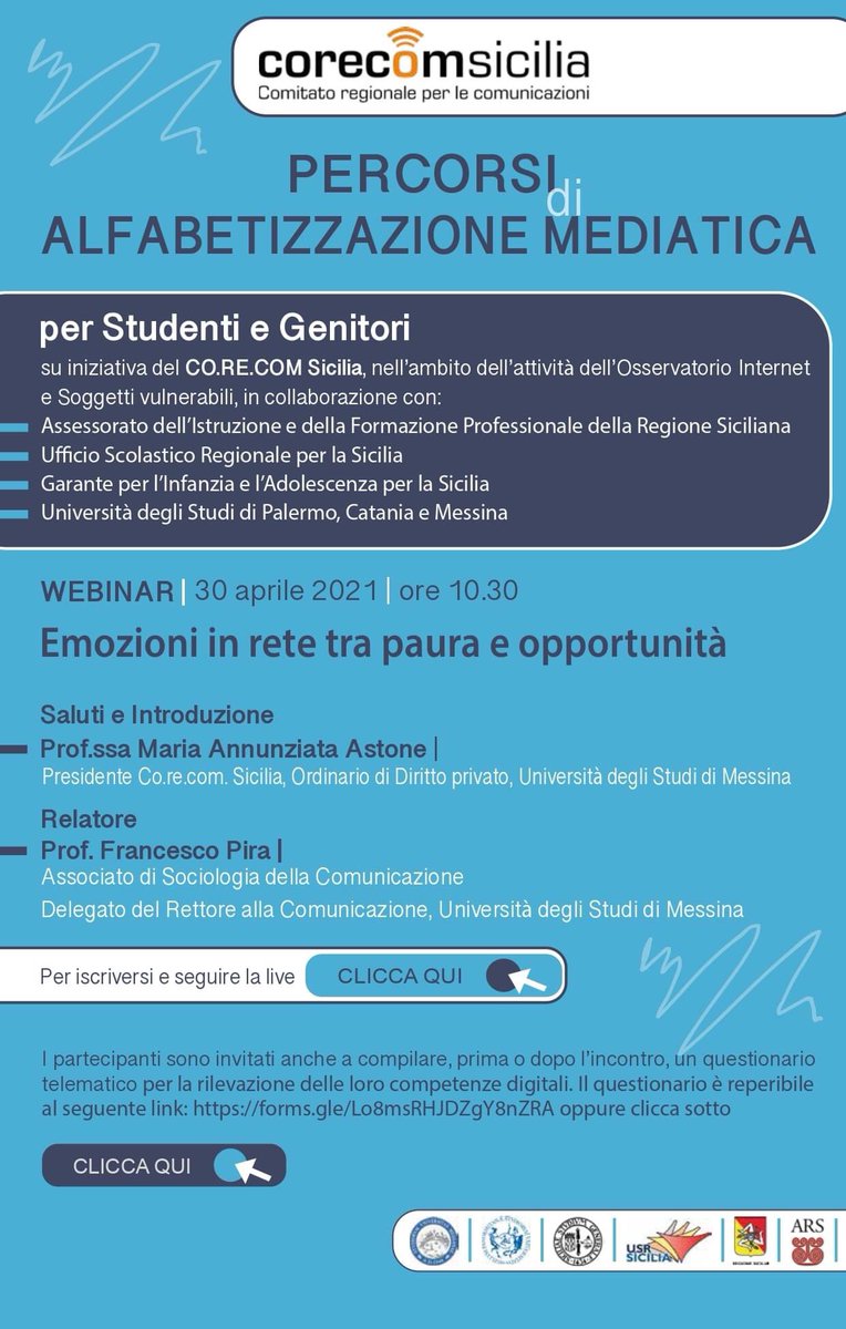 SiciliaCorecom's tweet photo. 'Emozioni in rete tra paura e opportunità' è il tema del terzo #webinar rivolto agli #studenti siciliani delle superiori organizzato dal #CorecomSicilia che si terrà venerdì 30 aprile, ore 10,30. Accesso libero dal link 
https://t.co/6xKI4ISSOS https://t.co/3HIoqOLurg
