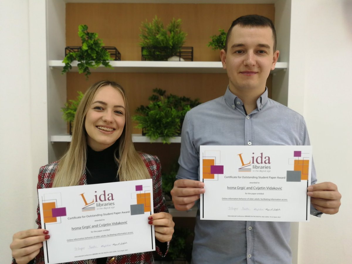 Congratulations to our #LIDA2021 student showcase winners, Ivona Grgić and Cvijetin Vidaković! You can access the abstract and presentation for their award-winning work, “Online information behavior of older adults: facilitating information access,” here: lida.ffos.hr/program/