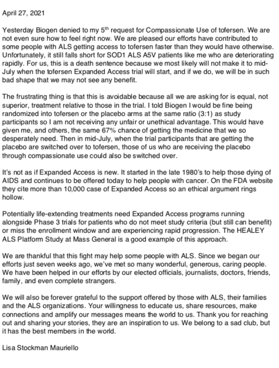 LisaLegacy4ALS's tweet photo. Please read Lisa's statement re: @Biogen's decision to deny her access (for 5th time) to #tofersen. #drugsinbodes #dyingwaiting #ItsTime https://t.co/YkQg0RnjVD