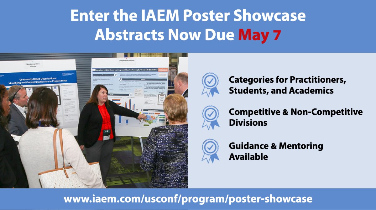 iaem's tweet image. DEADLINE EXTENDED: The deadline to submit an abstract for the Poster Showcase at the #IAEM Annual Conference has been extended to May 7th. Get more information here: ow.ly/Mxr450Ey8mG #IAEM21 #PosterShowcase