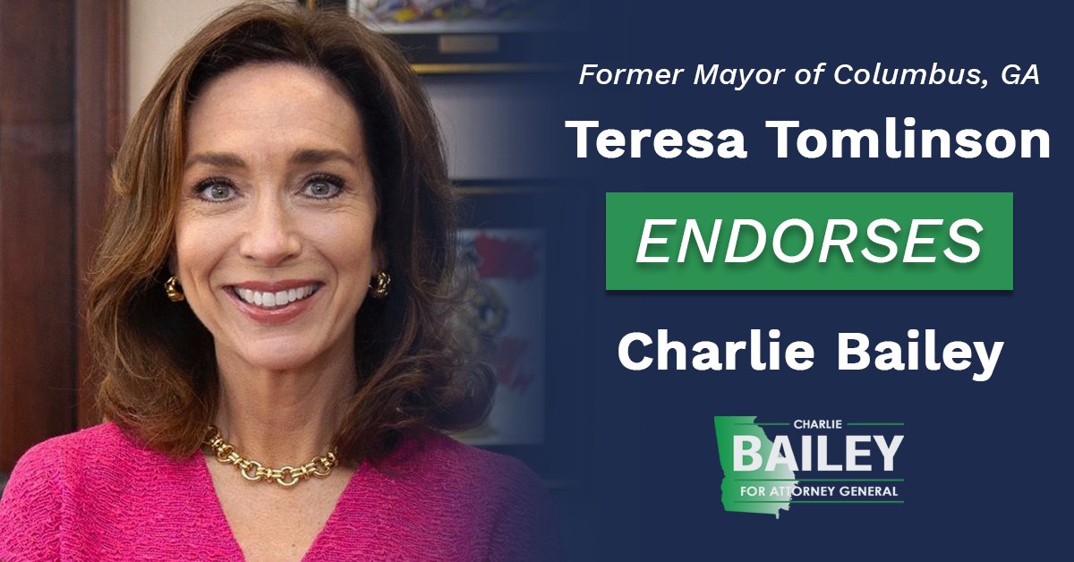 Former Mayor of Columbus @teresatomlinson endorses Charlie Bailey! “Charlie will stand up to special interests, big corporations, & corrupt politicians on behalf of all Georgians” -Mayor Tomlinson Join her on #TeamCharlie today: charlieforgeorgia.com/teresa #gapol