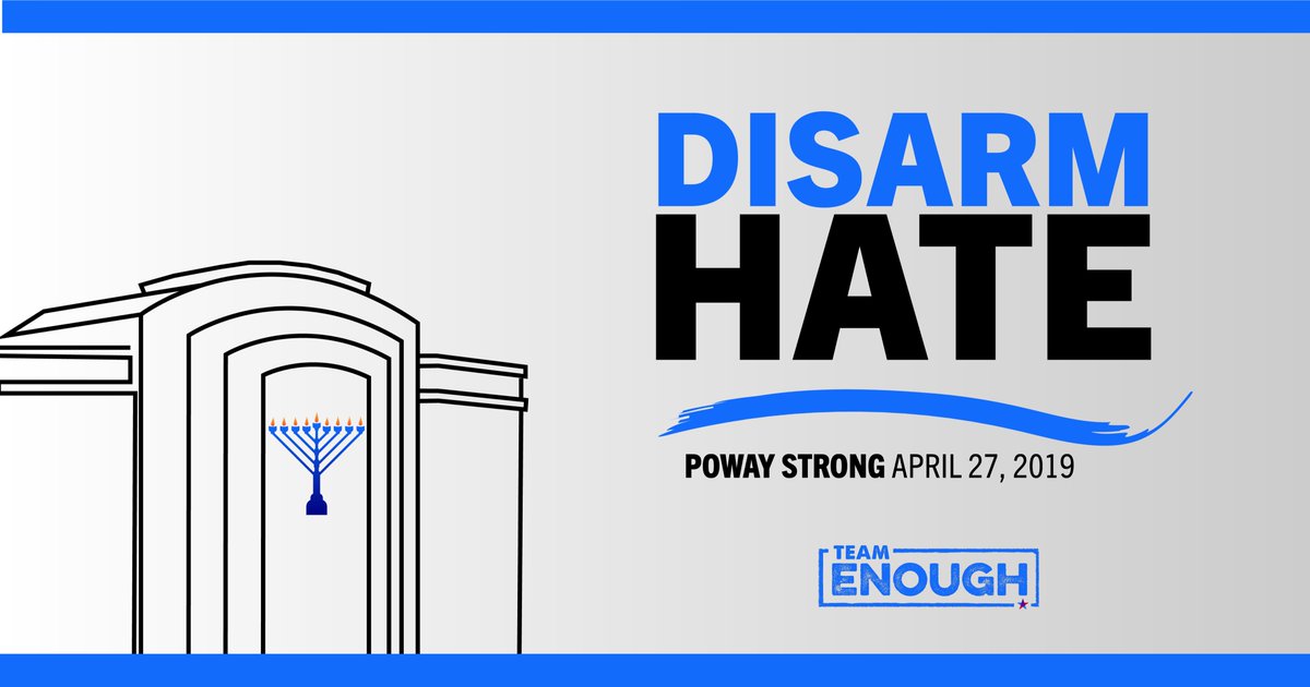 Team_Enough's tweet photo. On this day in 2019, a gunman opened fire at a Passover service in #Poway, California, where they shot and killed Lori Kaye and injured 3 others.
 
Today, we continue to see how racist and anti-Semitic rhetoric lead to deadly acts of violence, which is why we vow to #DisarmHate. https://t.co/IIyzyrjUrq