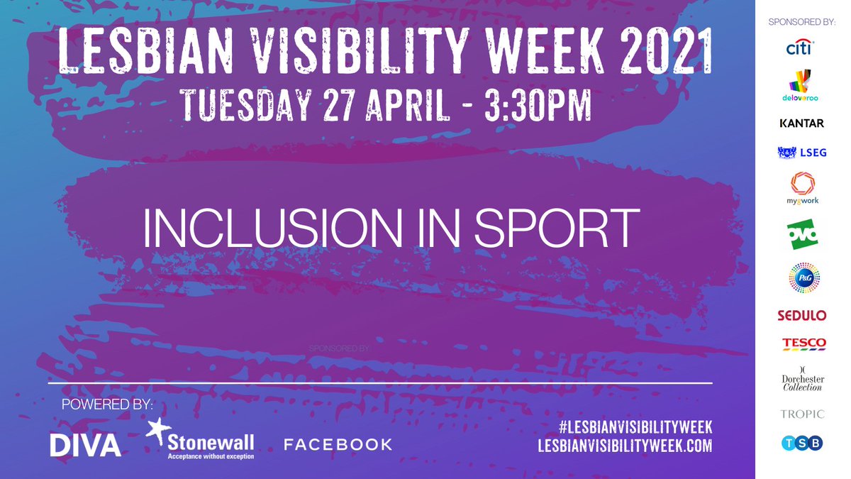 3:30PM 🥎 Hear speakers highlighting the issues at play for out sportswomen and discussing what can be done to improve inclusion in sports. 
With: Dawn Airey, <a href="/NicenNeetz/">Anita Asante</a>, <a href="/amazinlethi/">🏳️‍🌈 Amazin LêThị</a>, <a href="/chrispaouros/">Dr Chris Paouros</a> &amp; <a href="/ThisIsSamAdams/">Sam Adams- Life and Breath</a>. 
#LesbianVisibilityWeek #LVW21
🔜 linktr.ee/LesbianVisibil…