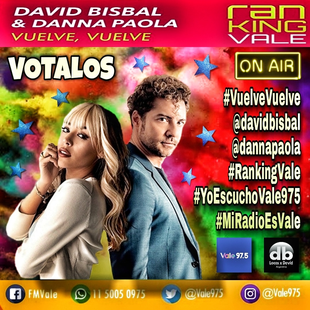 JenniferWetze13's tweet photo. Buenos días @vale975 .Arrancamos este martes dejando votos para #VuelveVuelve @davidbisbal y @dannapaola para el #rankingvale975 #YoEscuchoVale975 @umargentina @LocasXDavidArg https://t.co/OGT7z4XauR