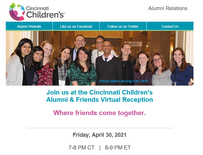 CincyKidsAlum's tweet photo. JOIN US for the PAS 2021 Alumni &amp; Friends Virtual Reception this Friday, April 30 from 7-8 CT (8-9 ET) https://t.co/9yvxPlyDII https://t.co/tBzrWHVzoB