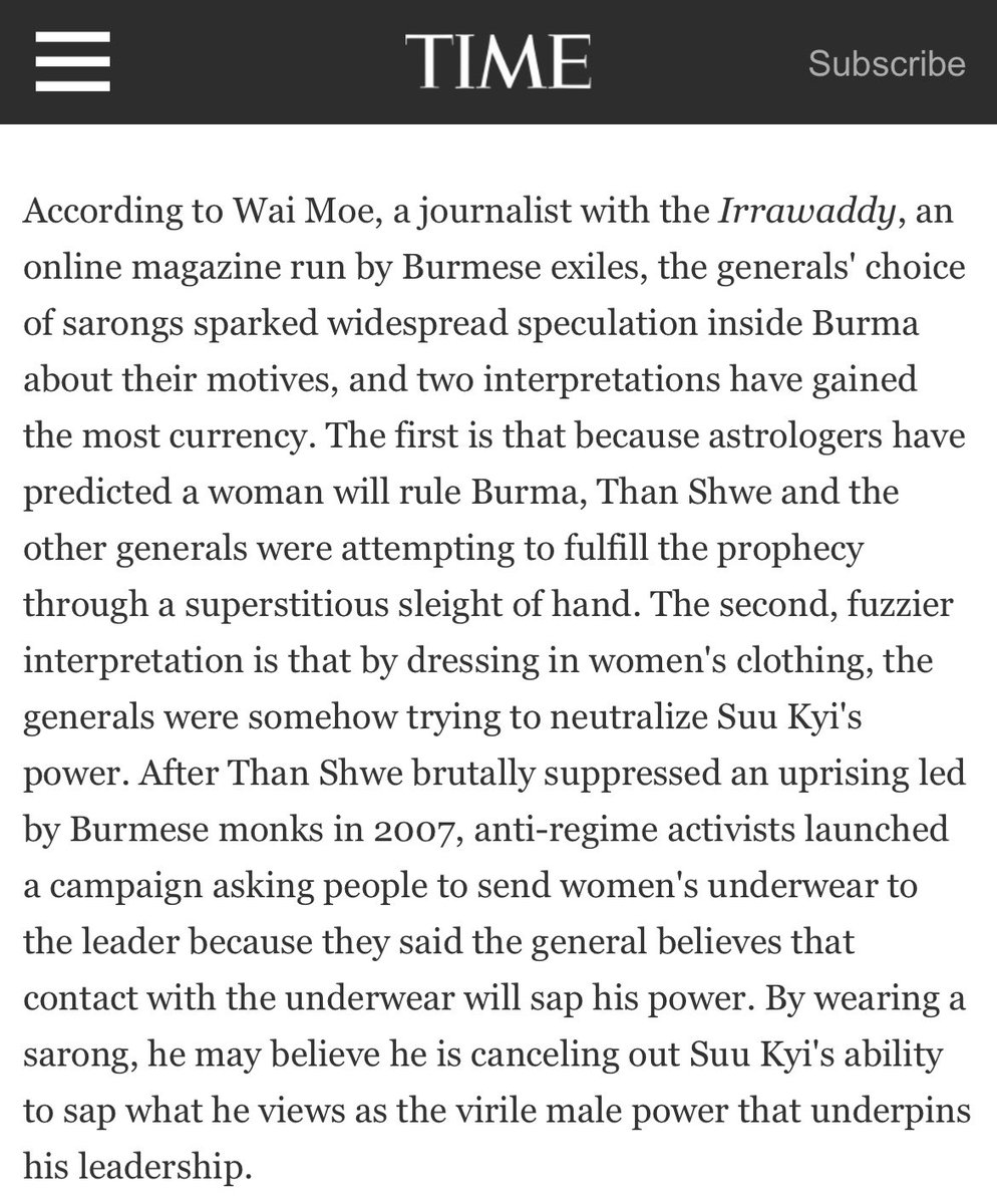 Let’s not forget the times that the Myanmar military have worn htamein because yadaya / their astrologers told them that a woman would rule Burma  http://content.time.com/time/world/article/0,8599,2053563,00.html #WhatsHappeningInMyanmar