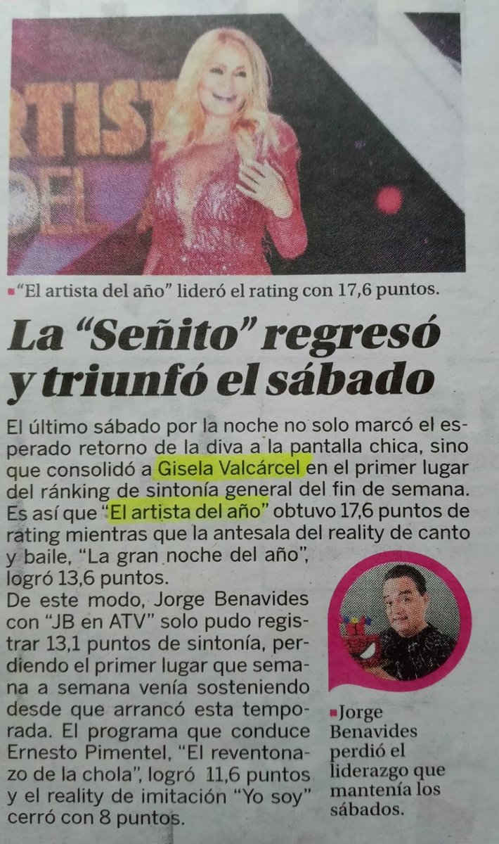 _Jesus1812's tweet photo. #ElArtistaDelAño 🏆
A seguir con fuerza @GiselaPeru el Perú te esperaba para alegrar las familias 💪🏻🎉
📋Aumentó el encendido de la TV nacional en un 12%👏🏻📺

⬇️Así informa la prensa (2/2)
#GiselaVuelve #PonteDeGalaEnCasa https://t.co/hViaePWuzG