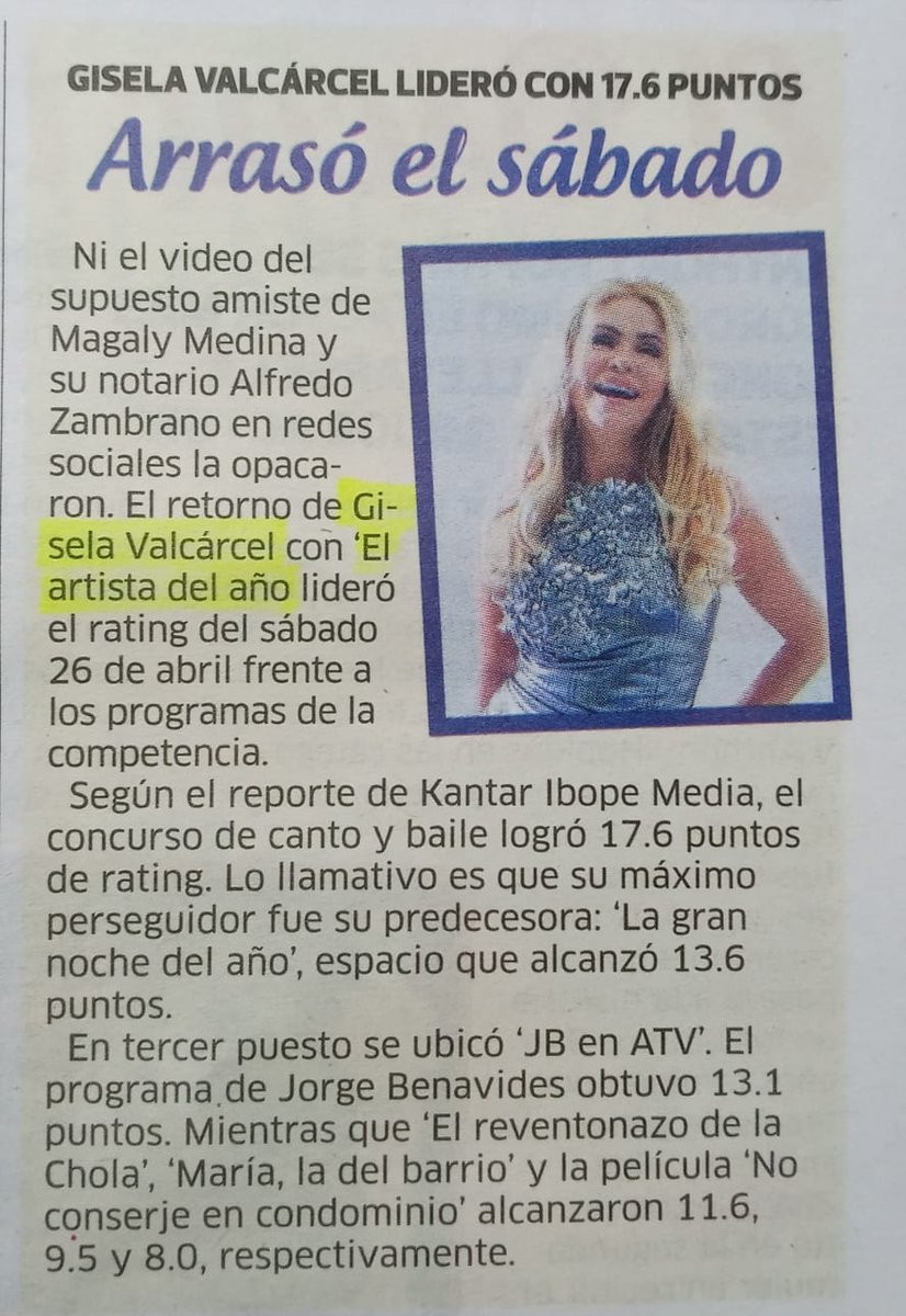 _Jesus1812's tweet photo. #ElArtistaDelAño 🏆
A seguir con fuerza @GiselaPeru el Perú te esperaba para alegrar las familias 💪🏻🎉
📋Aumentó el encendido de la TV nacional en un 12%👏🏻📺

⬇️Así informa la prensa (2/2)
#GiselaVuelve #PonteDeGalaEnCasa https://t.co/hViaePWuzG