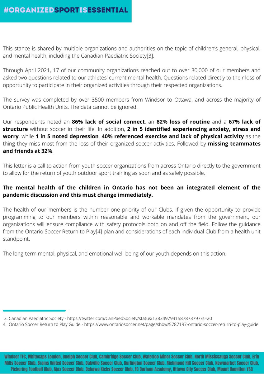 MHYSC's tweet photo. 17 Community Sports Organizations, including #MHYSC , from across Ontario urge Doug Ford to see the impact on our player's mental health. Our survey shows 2 in 5 Ontario youth identify they are suffering from Anxiety/Stress/Worry as a result of the pause of sport. https://t.co/8MASq1ou2a