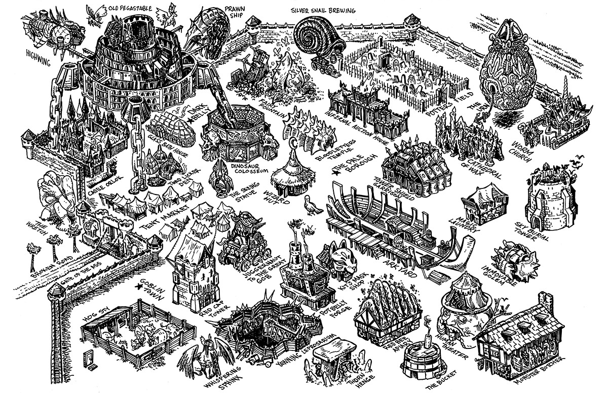 First up you get a pubcrawl map of the North Docks by  @kylelatino (image below by him, broadly representative of what we're going to commission). The North Docks is filled with Knightly Orders, each of whom run a pub and extract protection money to pay for gaudy codpieces.