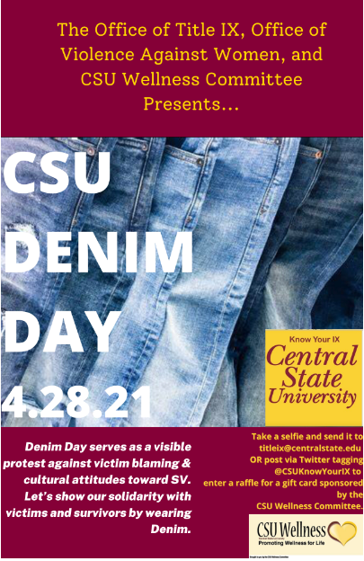 CsuOvw's tweet photo. The Office of Title IX, Office on Violence Against Women, and CSU Wellness Committee will stand in solidarity on Wednesday April 28, 2021 which is CSU Denim Day! https://t.co/JakDzMk3Zi