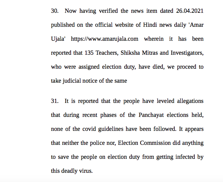  #Breaking: Allahabad HC takes judicial notice of a news item stating that 135 teachers, Shiksha Mitras&investigators, who were assigned election duty, have died. Sends a notice to state election commission to explain why action should not be taken against its officials  #Covid19