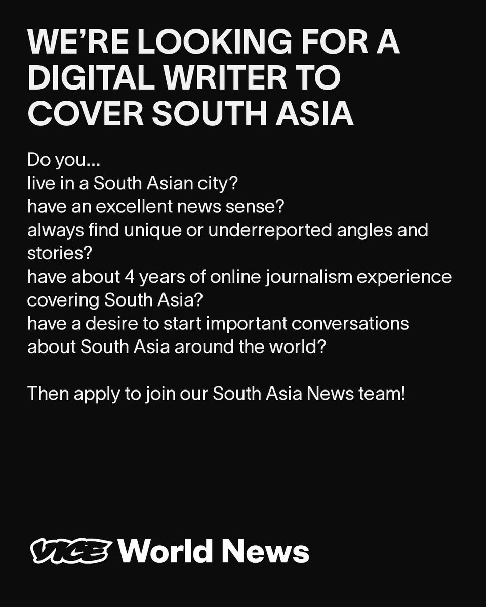 SaharHGhazi's tweet photo. Also, looking to build our team of South Asia news writers at @VICEWorldNews. Apply, if you think you’re a good fit. This is a full time contract position and I’m hoping to also expand our coverage of Sri Lanka and Bangladesh🤞🏽 https://t.co/njEvoDQJ93