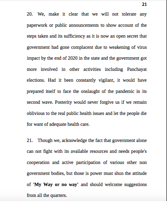 HC: We make it clear that we will not tolerate any paperwork or public announcements to show account of the steps taken and its sufficiency as it is now an open secret that government had gone complacent due to weakening of virus impact by the end of 2020 in the state.  #COVID19