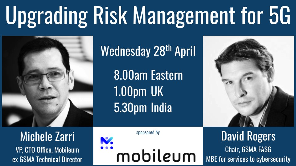 telcorisk's tweet photo. On the next #RAGTV we will be joined by the GSMA’s former Technical Director, Michele Zarri, who will talk about the unique demands that 5G is placing on risk management functions within telcos.

Watch live and ask your questions at the RAG TV webpage: https://t.co/SLWBM9d7Hg. https://t.co/aELmKZC9IK
