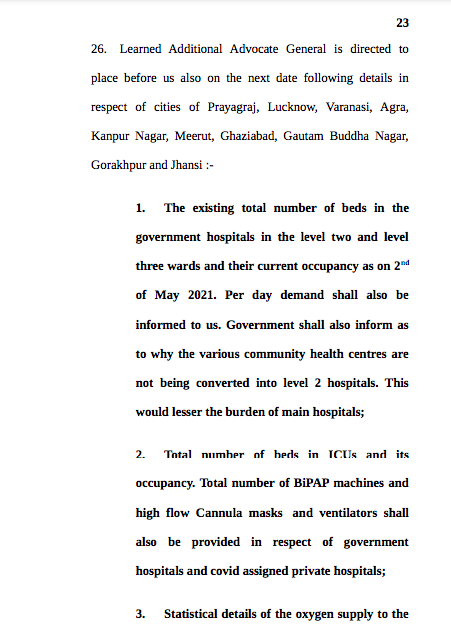 The Allahabad HC summons details from the UP govt of number of hospital beds, beds in ICU, statistical details of oxygen supply, availability of life-saving drugs etc., in govt&private hospitals in Prayagraj, Lucknow, Varanasi, Agra, Kanpur Nagar, Meerut, Ghaziabad..
