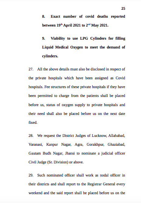 The Allahabad HC summons details from the UP govt of number of hospital beds, beds in ICU, statistical details of oxygen supply, availability of life-saving drugs etc., in govt&private hospitals in Prayagraj, Lucknow, Varanasi, Agra, Kanpur Nagar, Meerut, Ghaziabad..