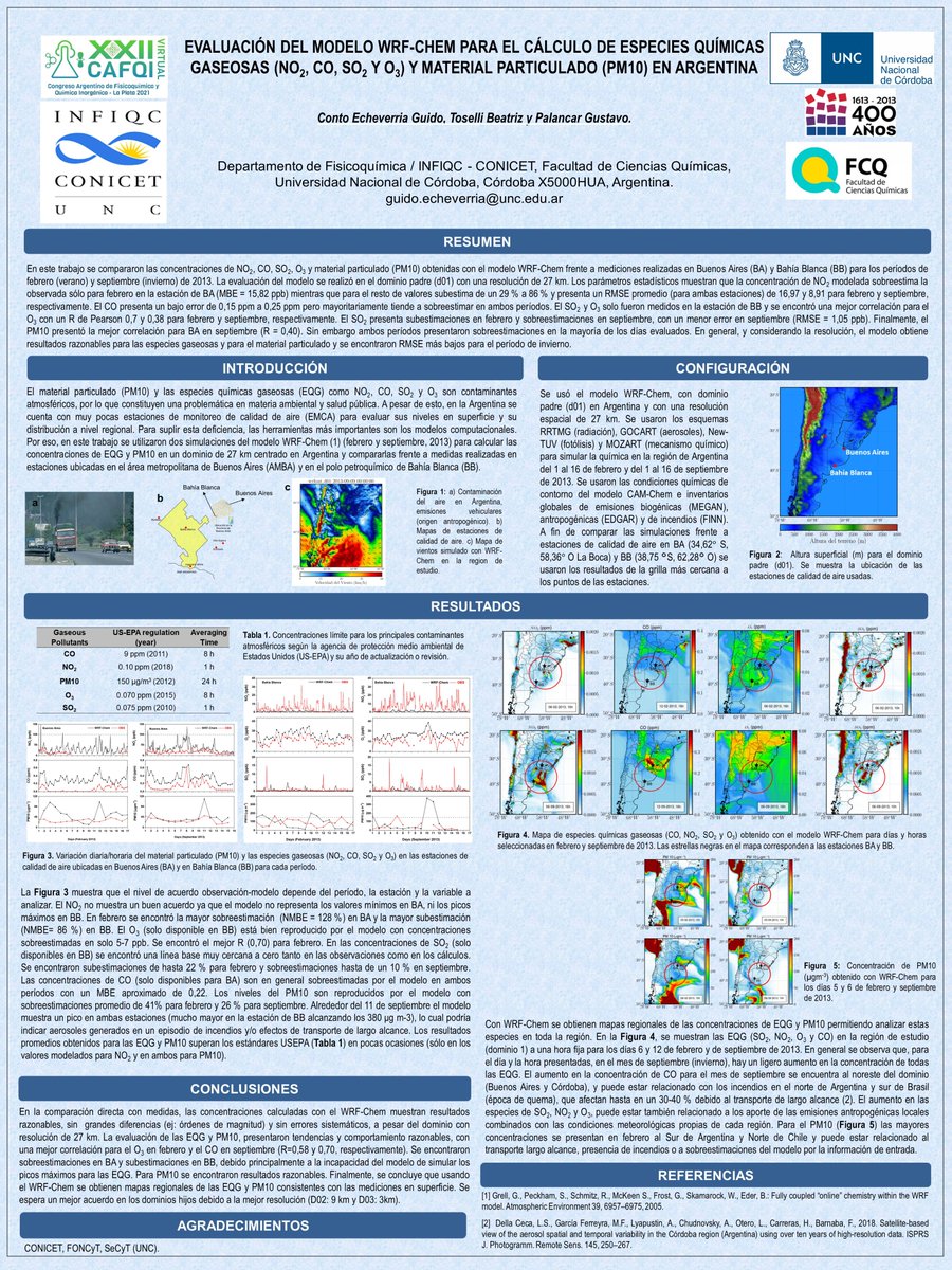 GuidoContoE's tweet photo. Comparto el trabajo "Evaluación del modelo WRF-Chem para el cálculo de especies químicas gaseosas (NO2, CO, SO2 Y O3) y material particulado (PM10) en Argentina"
#fcqunc #XXIICAFQI #cafqi2021 #QuímicaTyC  #WRFChem #i_GuidoC1 @GuidoContoE https://t.co/tyW1DOEwkY